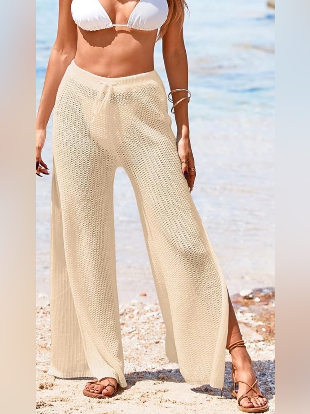 Crochet Wide-Leg Beach Pants - Cream